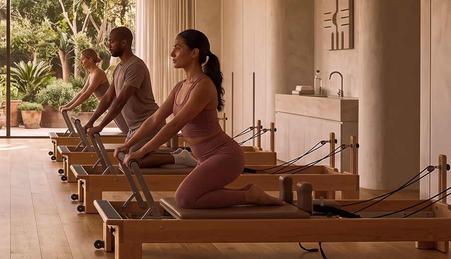 Three people kneeling on reformer beds, working through a footwork sequence